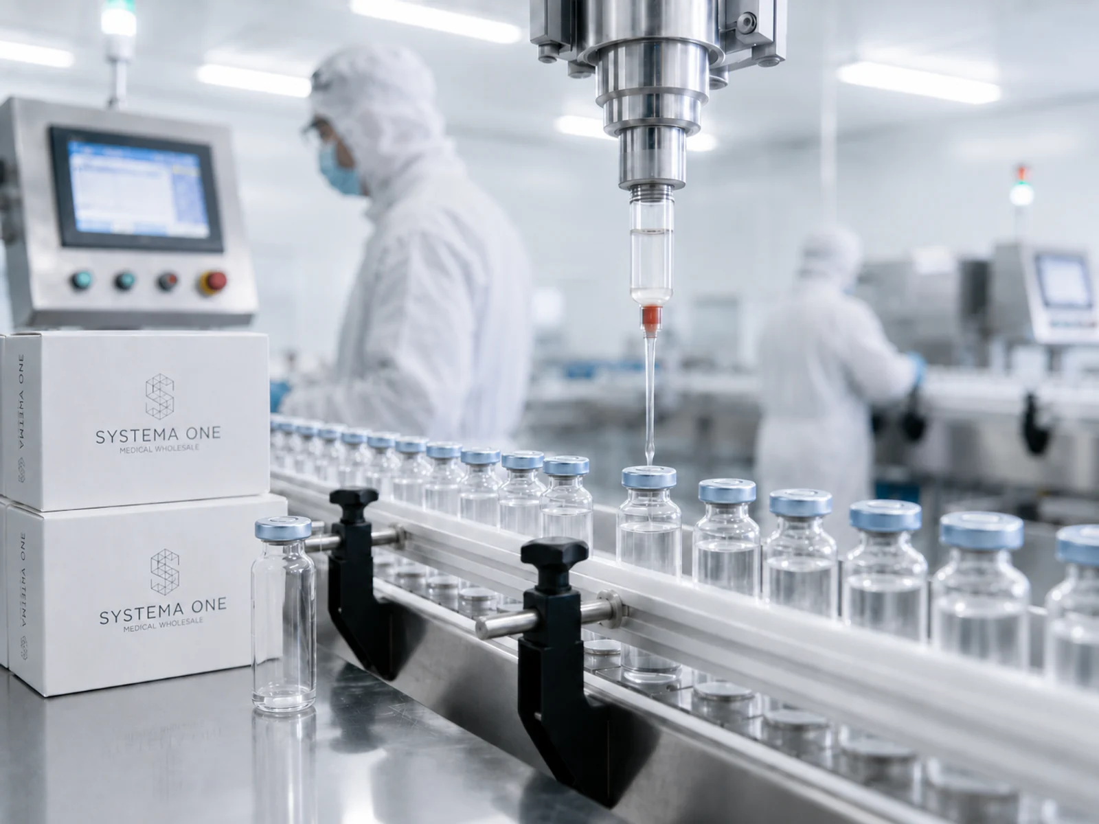 Systema One cartons and vials on a cleanroom filling line