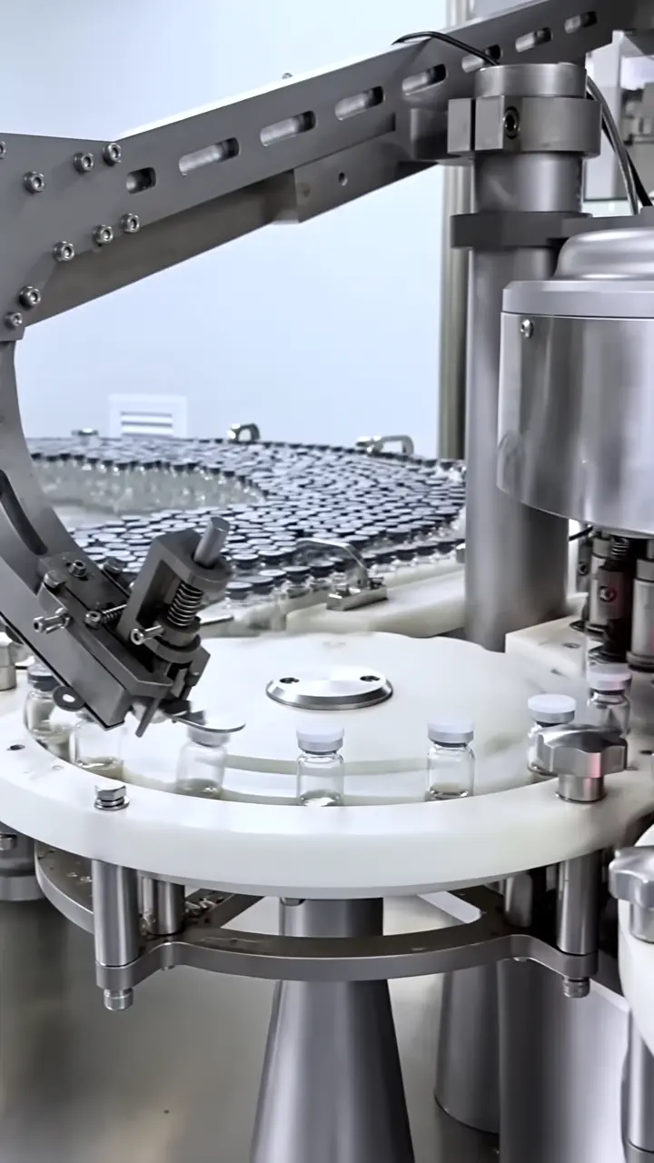 Clear vials moving through a rotary filling and capping line