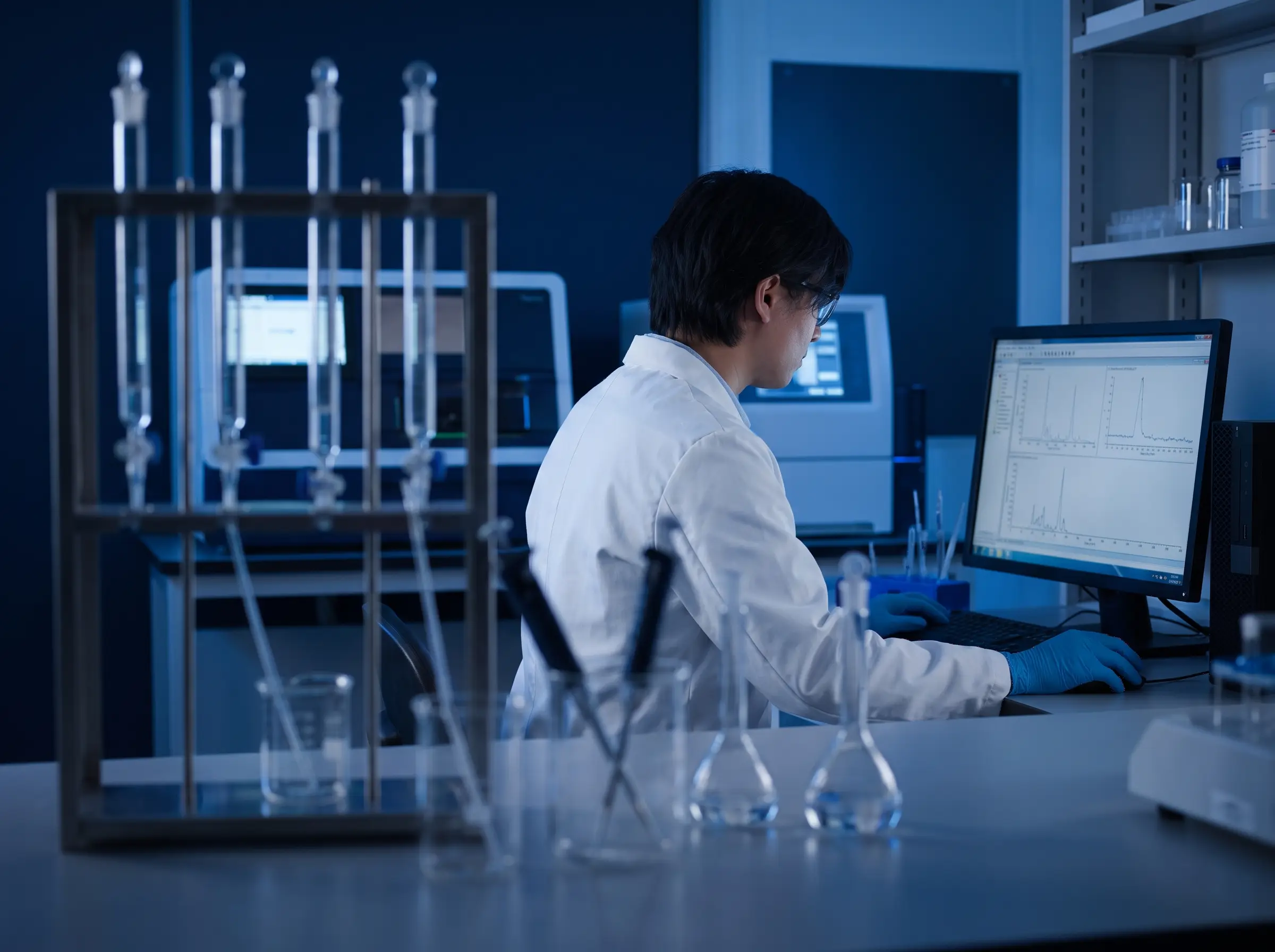 A laboratory researcher working beside analytical equipment