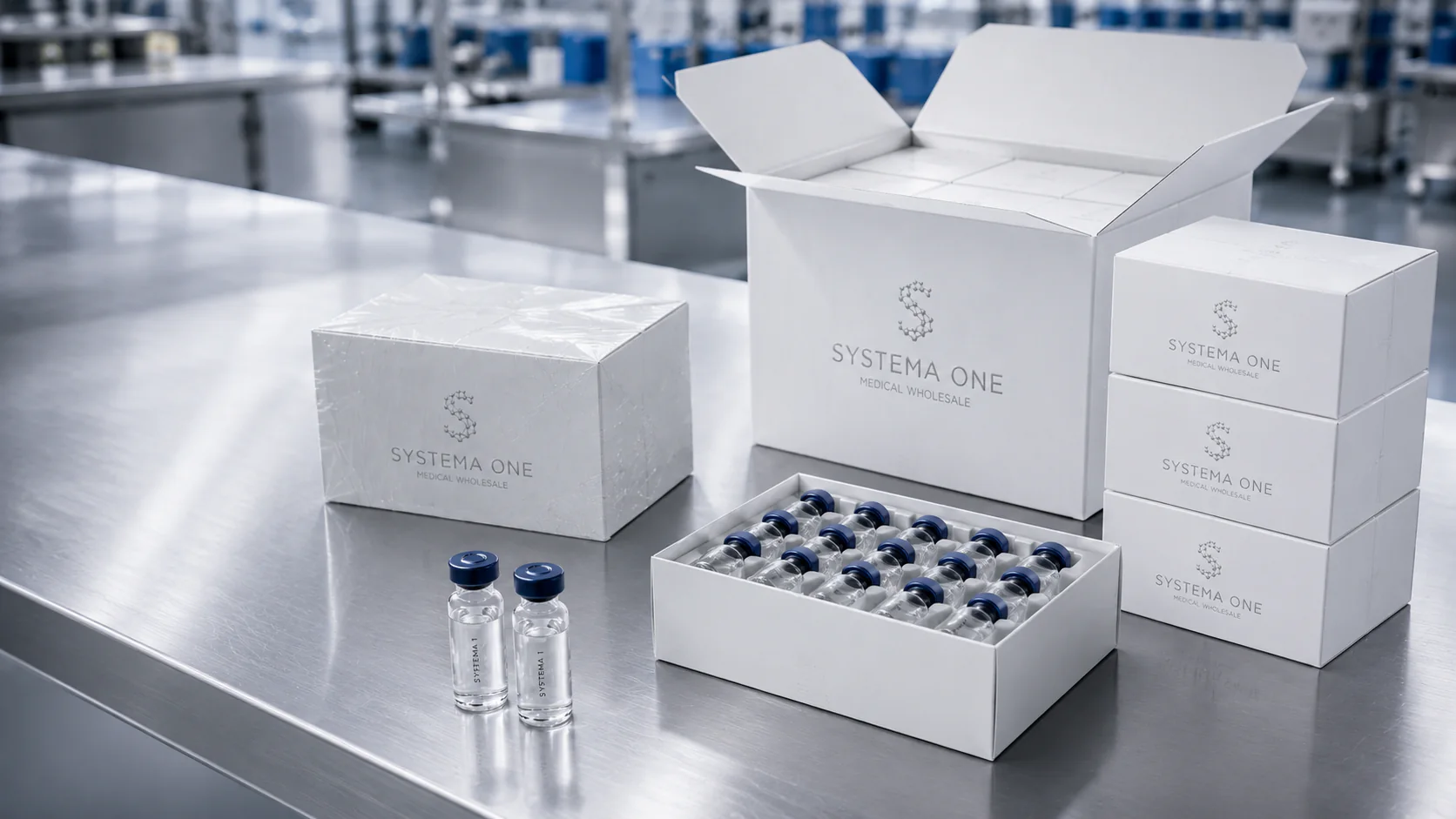 Systema One wholesale cartons and presentation cases arranged at a fulfillment station