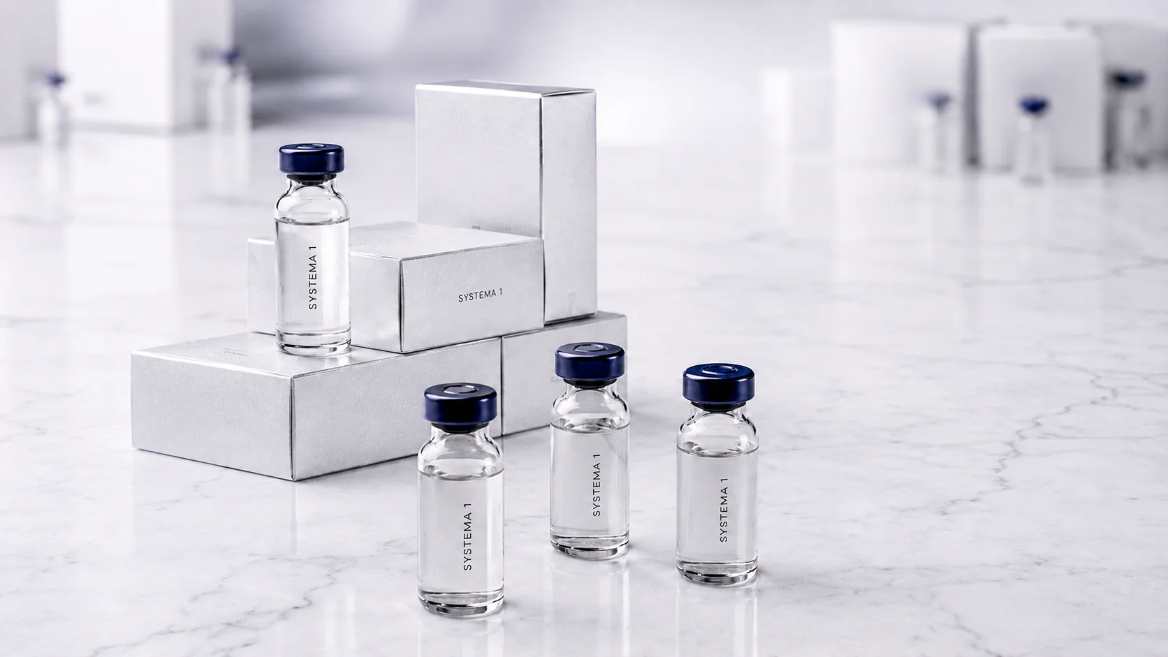 Four clear Systema One vials with dark blue caps arranged beside silver cartons on a white marble surface