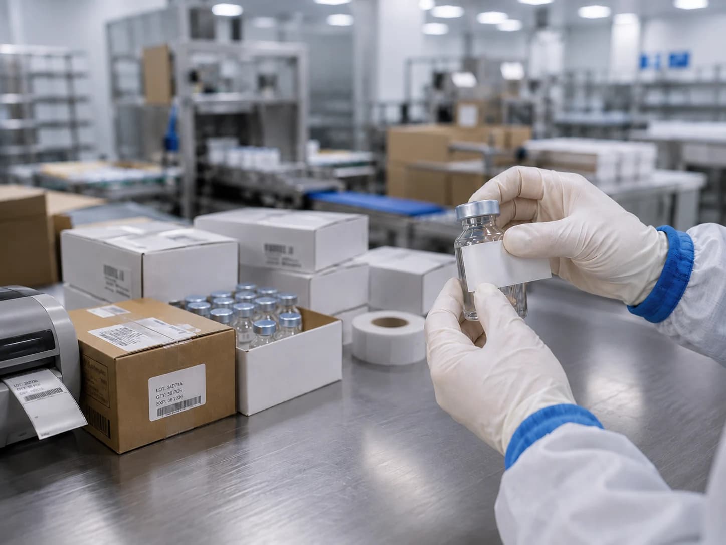 A gloved production worker applying a label to a vial beside packed cases and labeling supplies