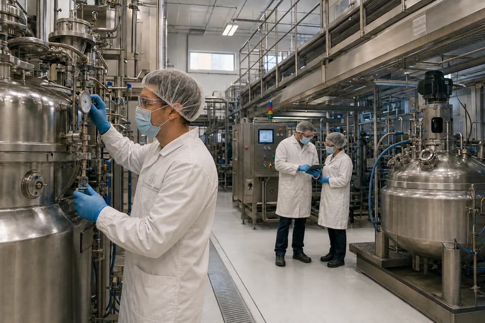Three laboratory workers monitoring stainless-steel production equipment in a clean manufacturing facility
