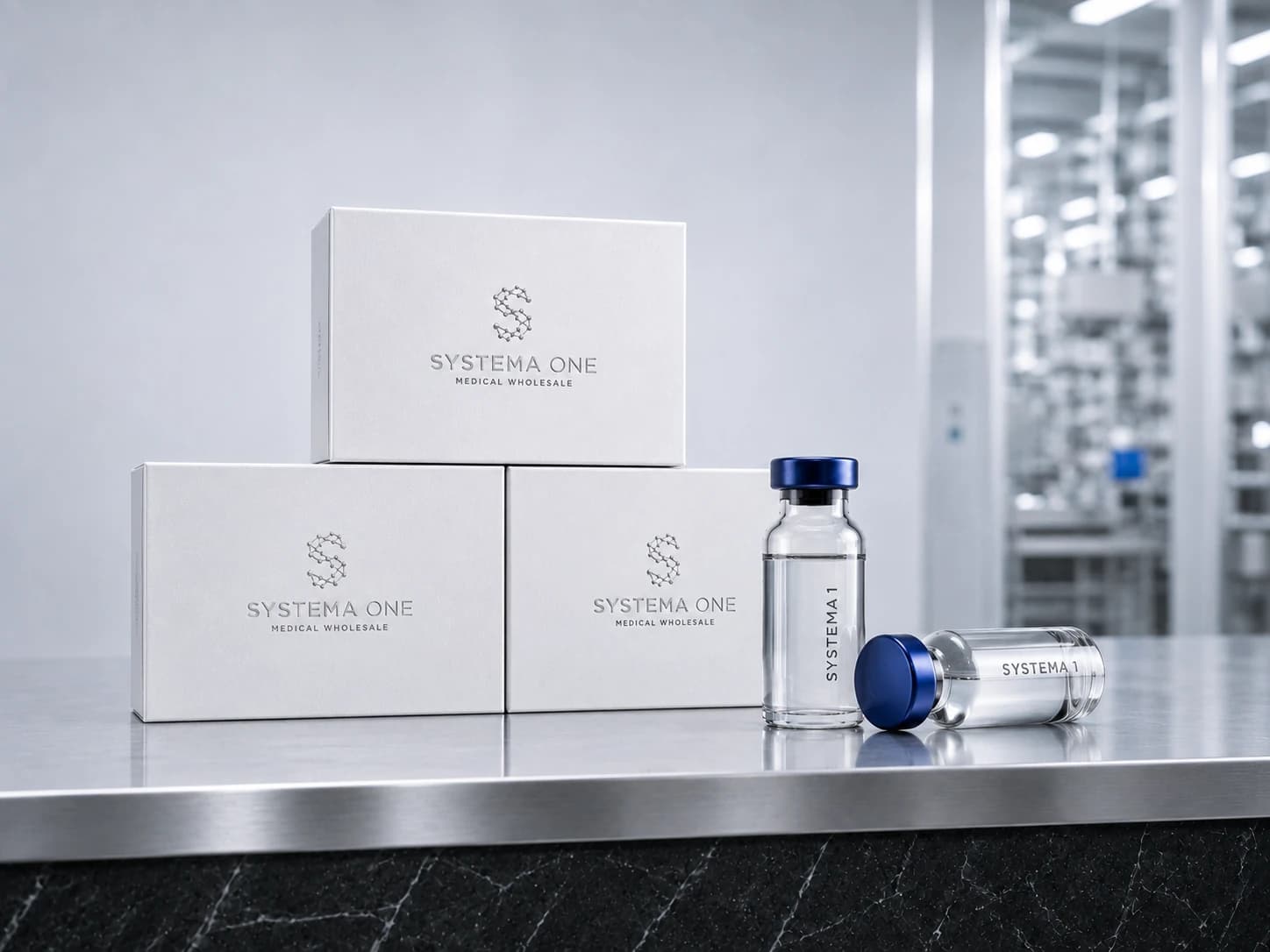 Two clear Systema One vials displayed beside three branded presentation boxes on a stainless steel table