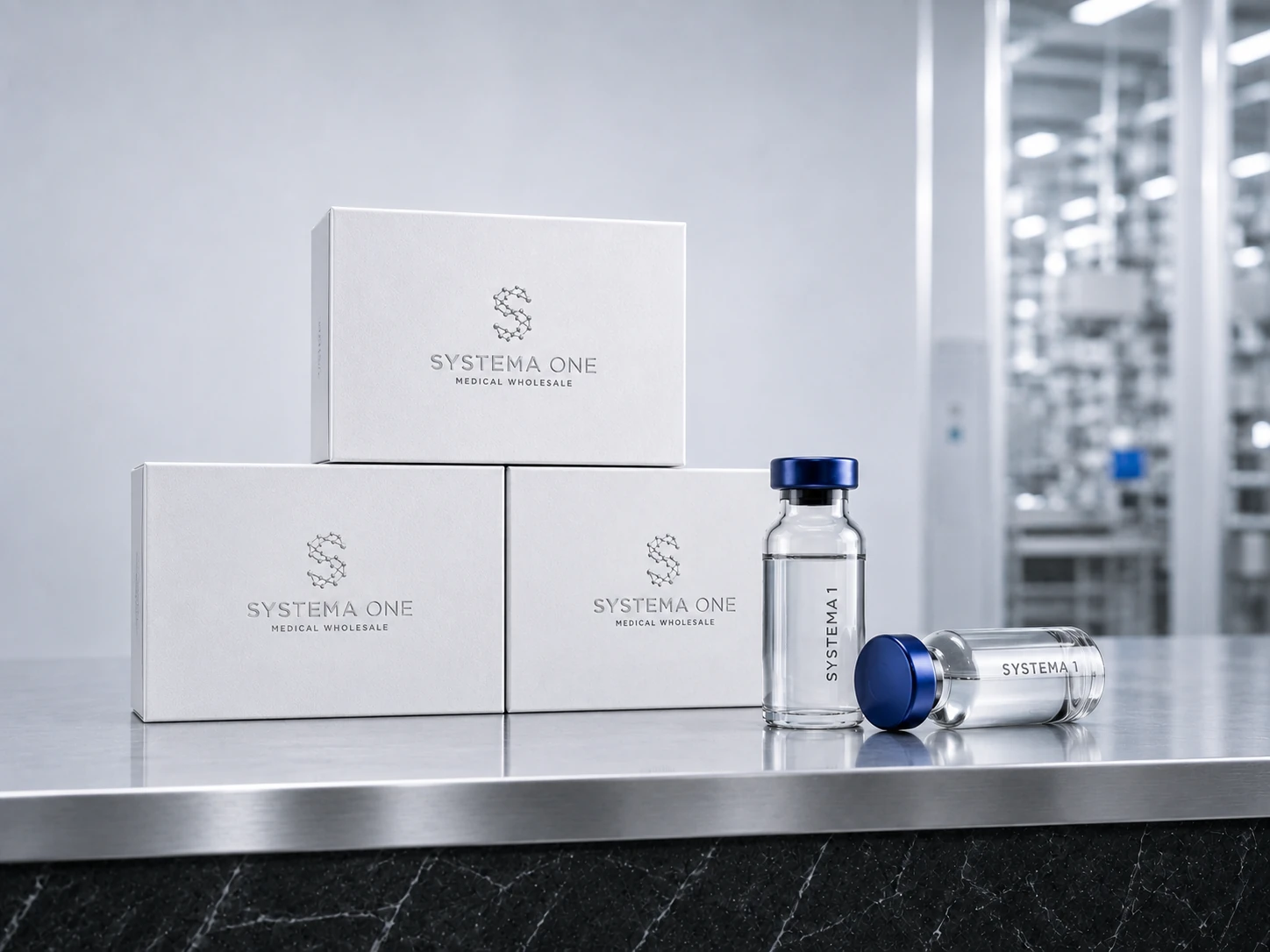 Two clear product vials displayed beside three Systema One presentation boxes on a stainless-steel laboratory table